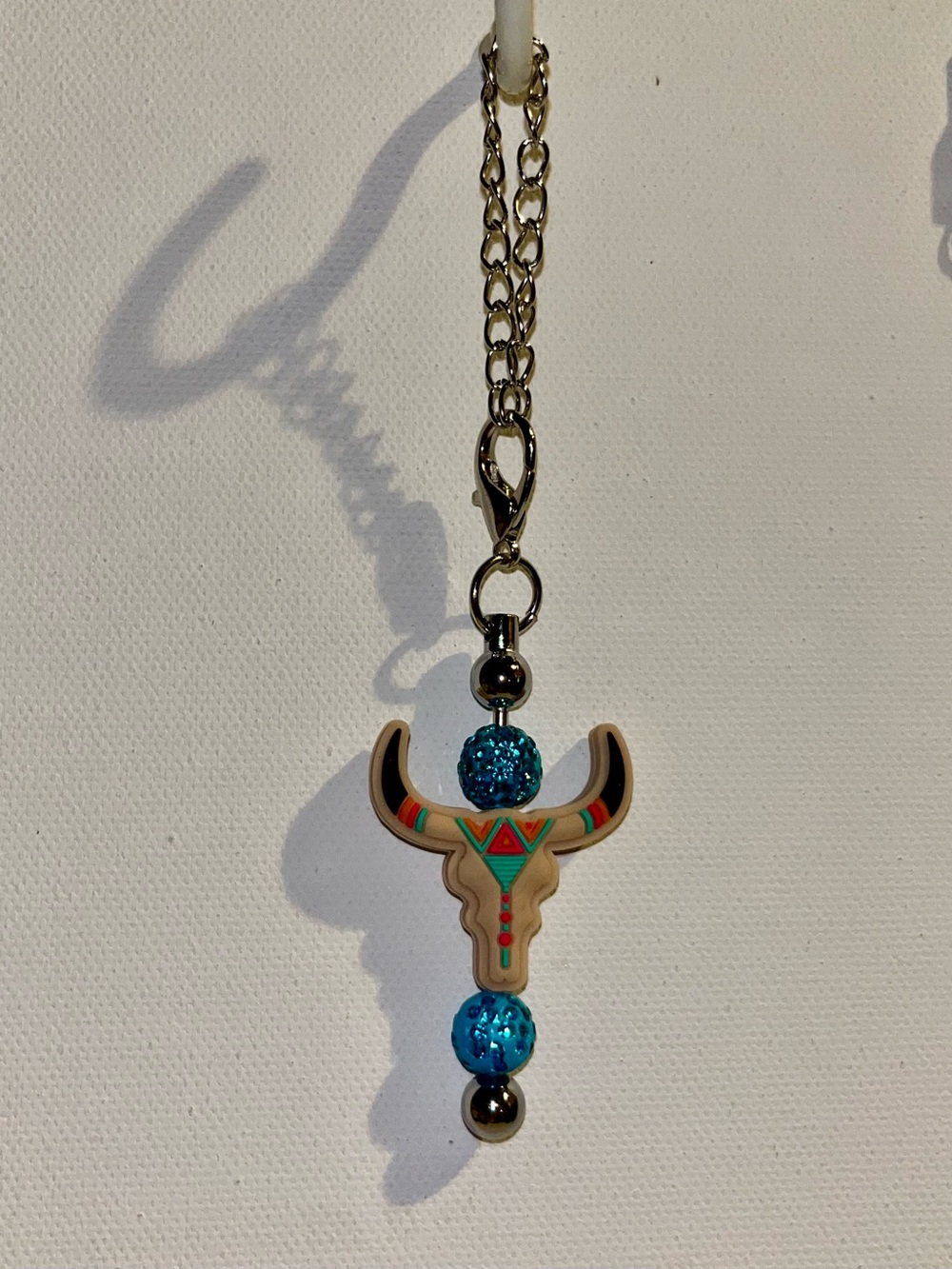 Tan Bull Skull Cup Charm w/Coral, Turquoise, Black & Rhinestone Accents